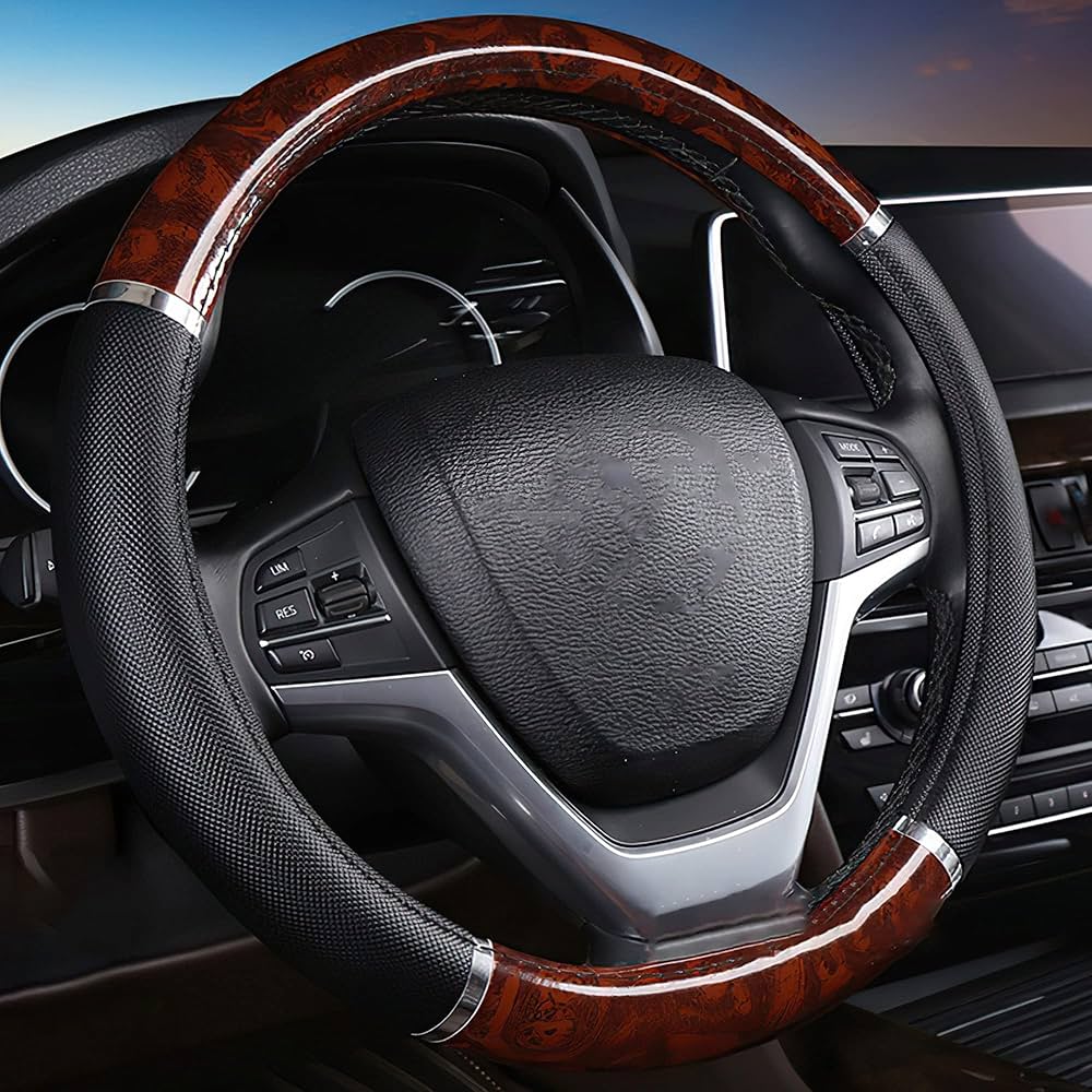 Car Wooden & Black Design Half Steering Cover