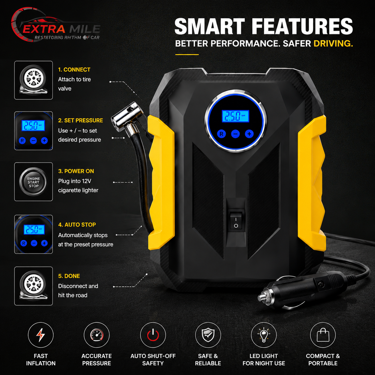 (DY) Portable Automobile Air Compressor Digital Tire lnflation Pump LED Lamp - Image 4